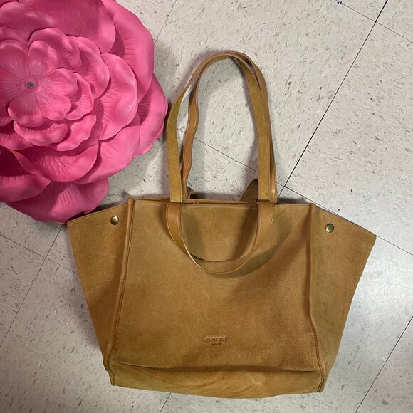 MARGOT NEW YORK Jamee‎ Double Handle Tote Snap Sides Mustard Suede Leather - Picture 1 of 16